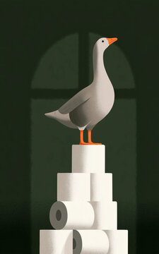 Cute Cartoon Goose with Toilet Paper Isolated on Green