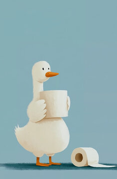 Cute Cartoon White Goose Holding a Toilet Paper Roll 
