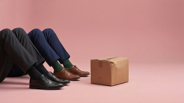 Two Business Professionals Facing a Cardboard Box, Layoff and Job Uncertainty Concept