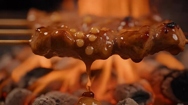 Grilled pork satay skewer with delicious sauce dripping over hot charcoal fire for food cooking