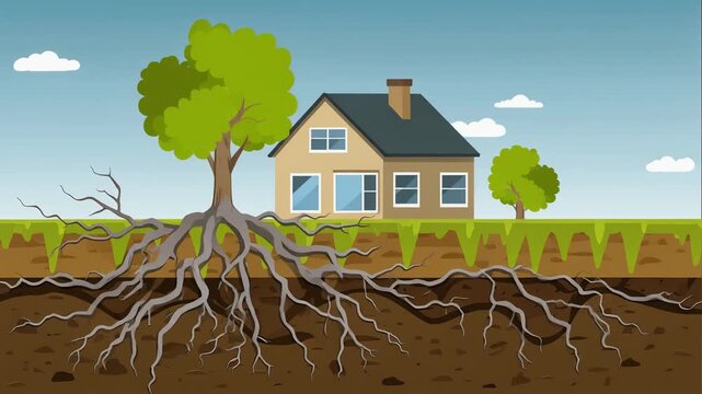 Tree root system spreading underground beneath suburban house and green lawn