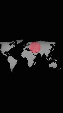 Warning alert animation on world map. Warning alert global security notification. Warning alert digital technology graphic on black background for tracking.