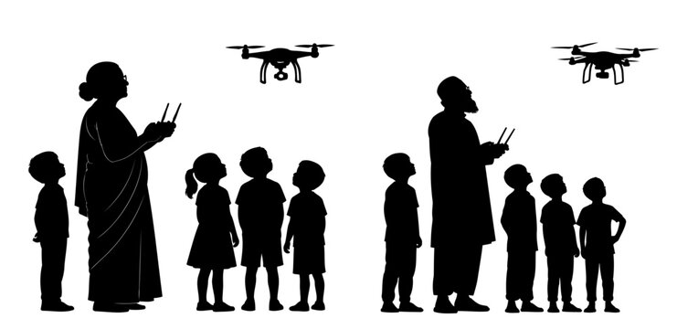 Silhouettes of grandparents and children flying drones