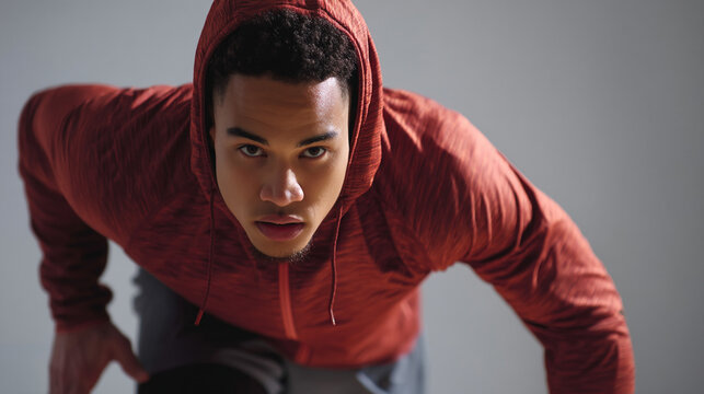 Young man in red hoodie focusing before intense workout with portrait, training