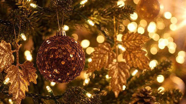 Brown sequin ornament hanging near gold leaves on pine tree leaf.