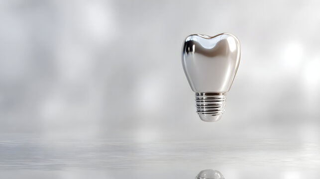 Dental implant concept with silver chrome tooth shaped light bulb on reflective surface.