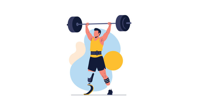 Inspirational disabled male athlete with a prosthetic bionic leg lifting a heavy barbell overhead in a sport.