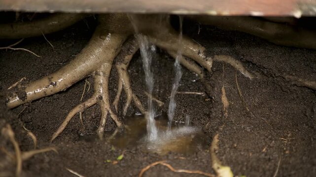 Water pipe leaking on tree roots in soil under a wooden foundation needing urgent repair