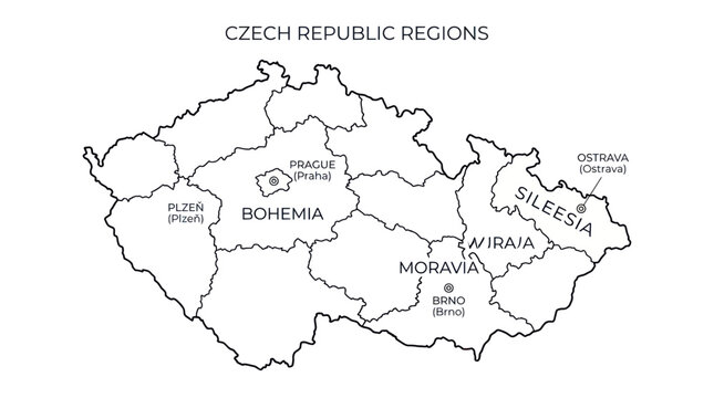 Map of czech republic with regional divisions and major cities