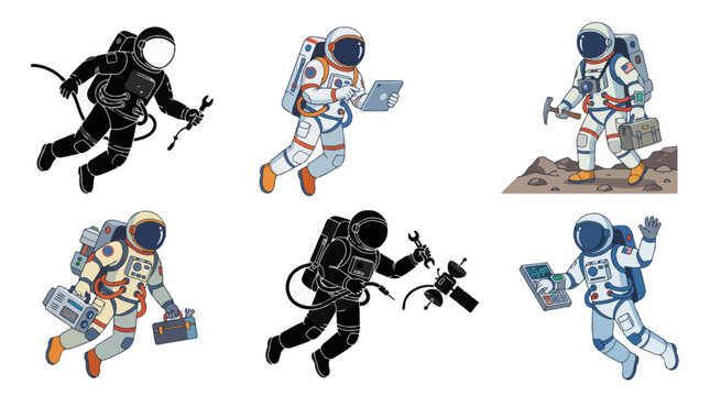 Astronaut character vector illustration set with cosmonauts on space mission using digital tablet exploring moon walking and silhouettes flat isolated icons on white background