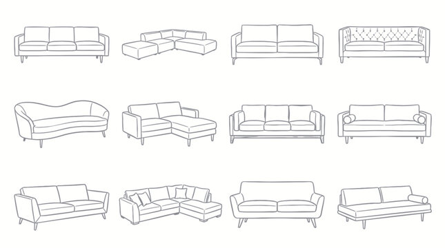 Collection of modern sofa and couch line art for interior design