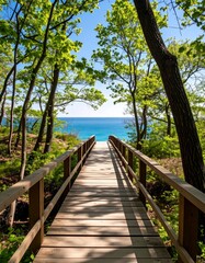Obraz premium Wooden path leading to a serene ocean view through a forest