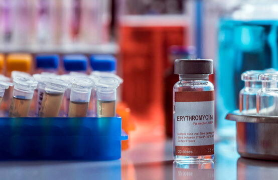 A vial of erythromycin for the treatment of diphtheria in a laboratory, a staged scene created in a photography studio, conceptual image