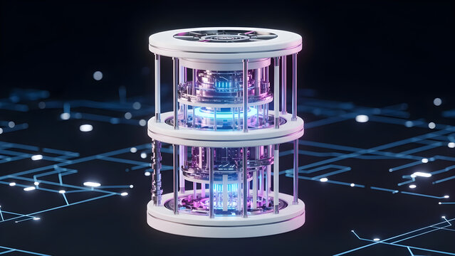 A futuristic cylindrical device with glowing blue and purple lights sits on a dark surface with a network of blue lines.
