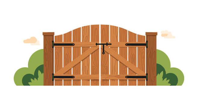 Beautiful rustic wooden garden gate with metal lock hinges and green bushes under soft clouds vector illustration.