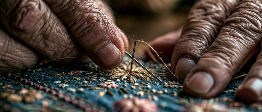 Wrinkled hands stitch intricate floral patterns onto blue fabric, serving as a textured background for heritage and craftsmanship themes.