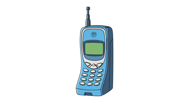 Vintage blue cellular mobile phone with a physical numeric keypad and small antenna isolated on white background.
