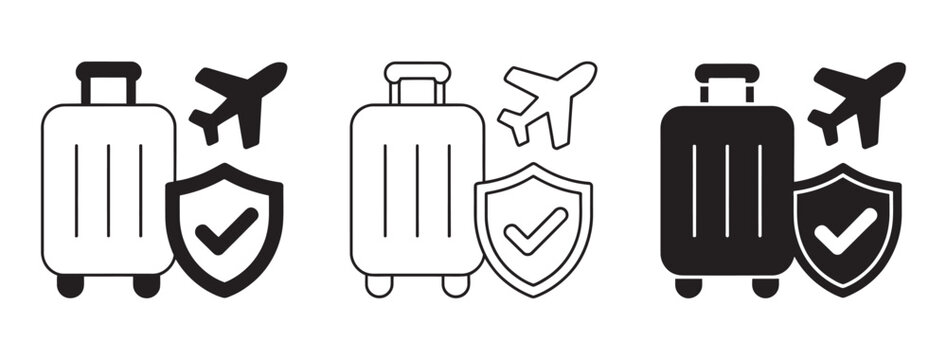Travel security icons, airplane suitcase shield checkmark set vector illustration, safe transport luggage protection airport security design elements
