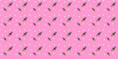 Cute spaceship seamless pattern with cartoon rockets and white stars flying on pink background. Girly outer space vector illustration for kids fabric, nursery decor, wrapping paper, wallpaper. © Muhamad