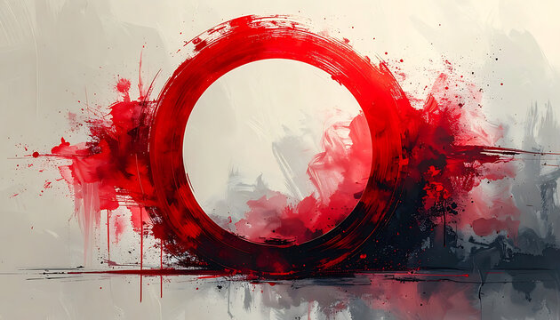 Abstract red watercolor circle brush stroke, vibrant ink splatter frame, paint drip texture, oriental zen style, energetic splash backdrop