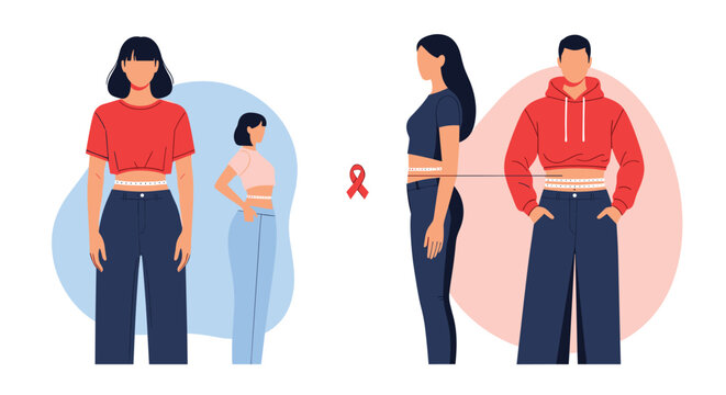 Psychological illustration of eating disorders showing body image issues and eating disorder awareness ribbon.