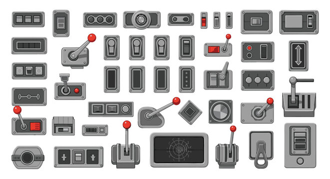 Vintage industrial control panel elements including switches, buttons, levers, toggles, and knobs, in a detailed icon set.
