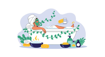 Naklejka premium Beautiful young woman relaxing in a bubble bath while wearing a green cosmetic face mask, surrounded by spa products.