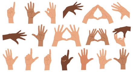Fototapeta premium Grid of diverse hand gestures showing various symbols like hearts, triangles, and palm counts in different skin tones.