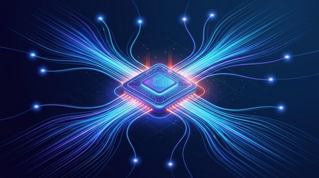 Illustration shows a microchip at the center with colorful data flows around it, representing a network attack in a digital setting