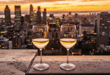Obraz premium Two glasses of white wine on a stone ledge overlooking a city skyline at sunset. Golden hour view of urban skyscrapers from a rooftop. Romantic evening and travel concept