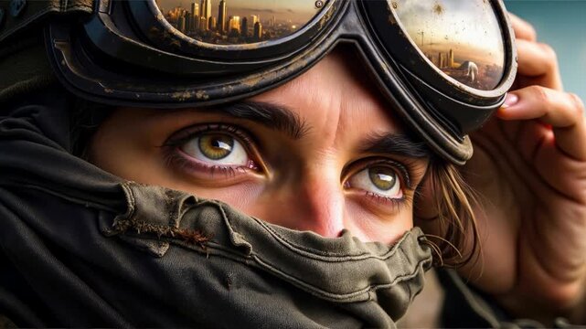 Close up portrait of an explorer wearing goggles reflecting a modern city skyline at sunset