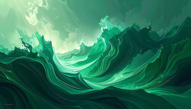 Abstract swirling stormy ocean waves in deep emerald and seafoam green, liquid motion, fluid dynamics, turbulent sea texture, atmospheric energy