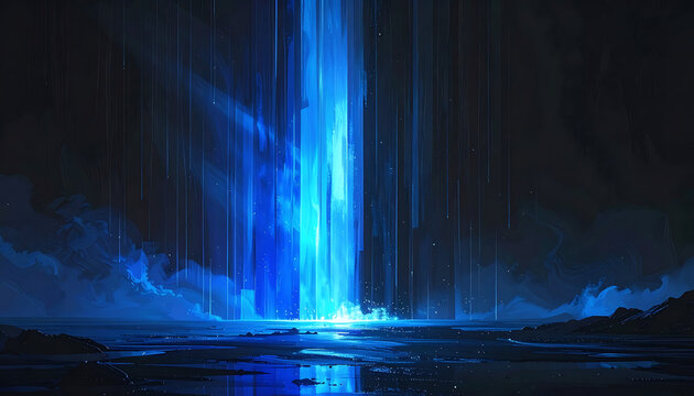 Abstract waterfall of glowing blue light falling into dark cavern, digital fantasy texture, mystical atmosphere and glowing particles