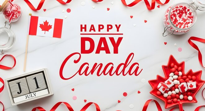 Happy canada day celebration background with canadian flag, calendar date july 1st, and maple leaf shaped bowl with red and white candies