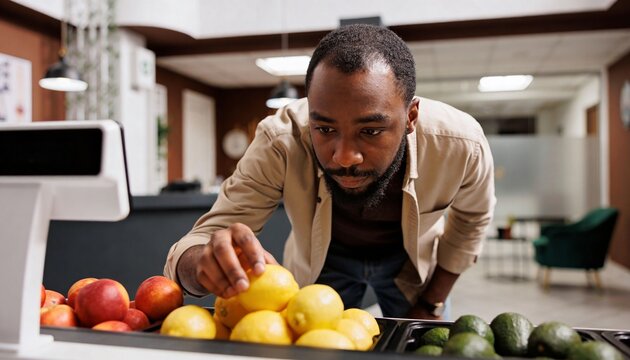 A Black man selecting fresh lemons at a grocery store. Consumer shopping for healthy produce in a modern market