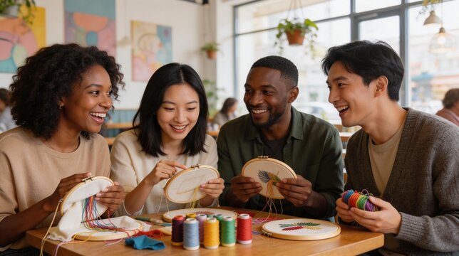 Diverse group of friends enjoying an embroidery craft workshop. Multiethnic young adults smiling and socializing while sewing with colorful threads at a cafe table. Creative hobby and DIY concept