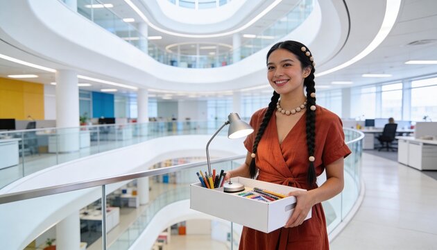 Smiling young woman carrying a box of office supplies in a modern atrium. New employee starting a first day at work. Career transition and office relocation concept