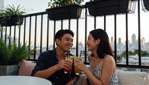 Young Asian couple toasting cocktails on a rooftop bar. Happy man and woman enjoying drinks with city skyline view at golden hour