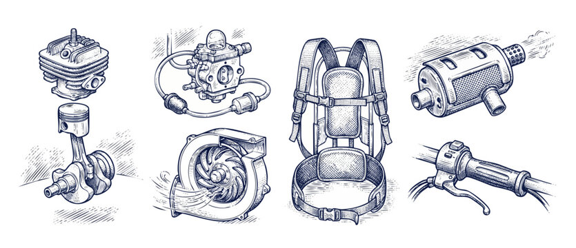 Two stroke engine parts diagram engraving style mechanical components set featuring piston carburetor muffler backpack harness and throttle handle in vintage hand drawn technical illustration vector.