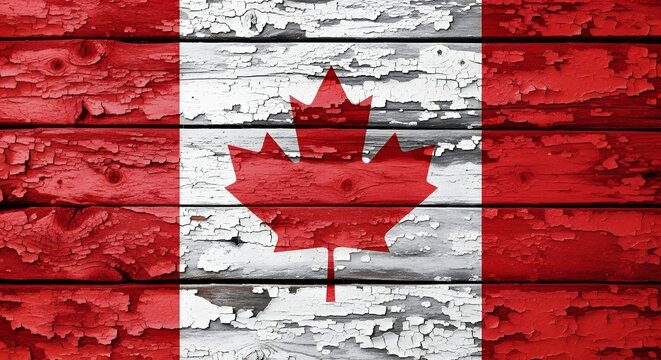 Canadian flag painted on rustic wooden planks with a weathered and distressed texture