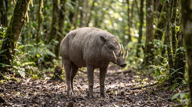 Rare wild babirusa animal with curved tusks standing on a rainforest floor litter surrounded by dense trees