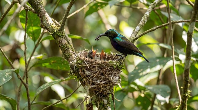 Male Loten sunbird feeding hungry chicks inside a woven nest on a tree branch
