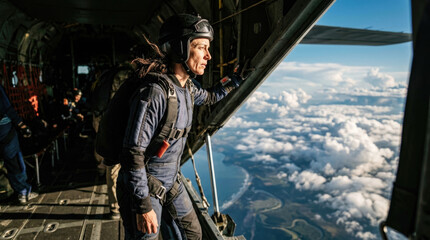 Fototapeta premium Female skydiver standing near the open door of a cargo airplane looking out