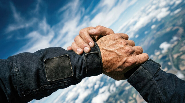 Two skydivers holding hands in a firm grip during freefall above clouds