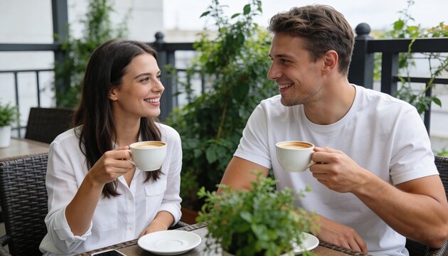 Young couple smiling and drinking coffee at an outdoor cafe. Man and woman on a date at a terrace restaurant. Happy people socializing and enjoying beverages together. Lifestyle concept