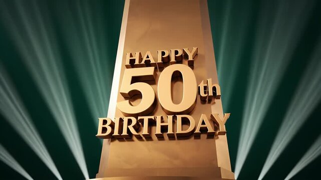 Happy 50th birthday gold 3d text animation with spotlight background for anniversary celebration