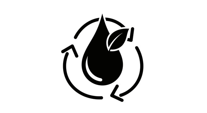 A stylized illustration of a water droplet with a leaf encircled by recycling arrows