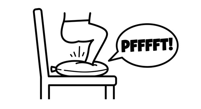 A cartoon character sits on a chair and farts loudly.