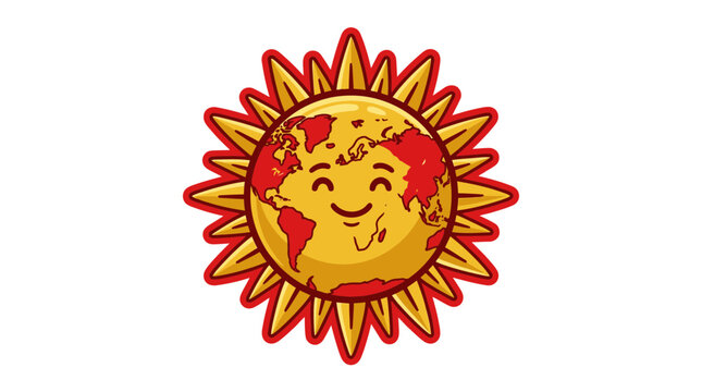 Happy Earth Sun Face Cartoon Character, Global Warming Concept, Bright Yellow Radiance