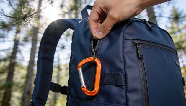 Hand opening a blue backpack with an orange carabiner in a forest. Outdoor hiking and travel gear concept. Close-up of rucksack zipper in nature